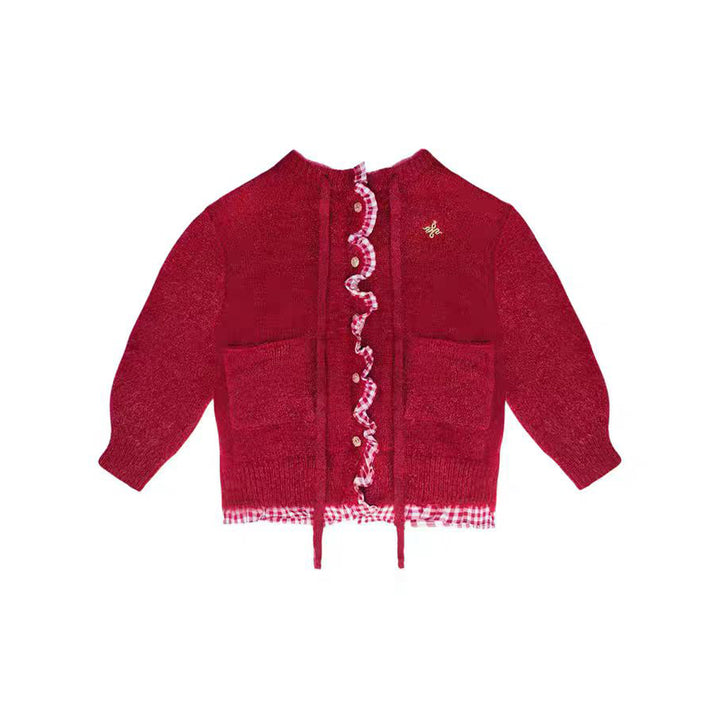 AsGony Fake-2-Piece Plaid Embroidery Knit Cardigan Red