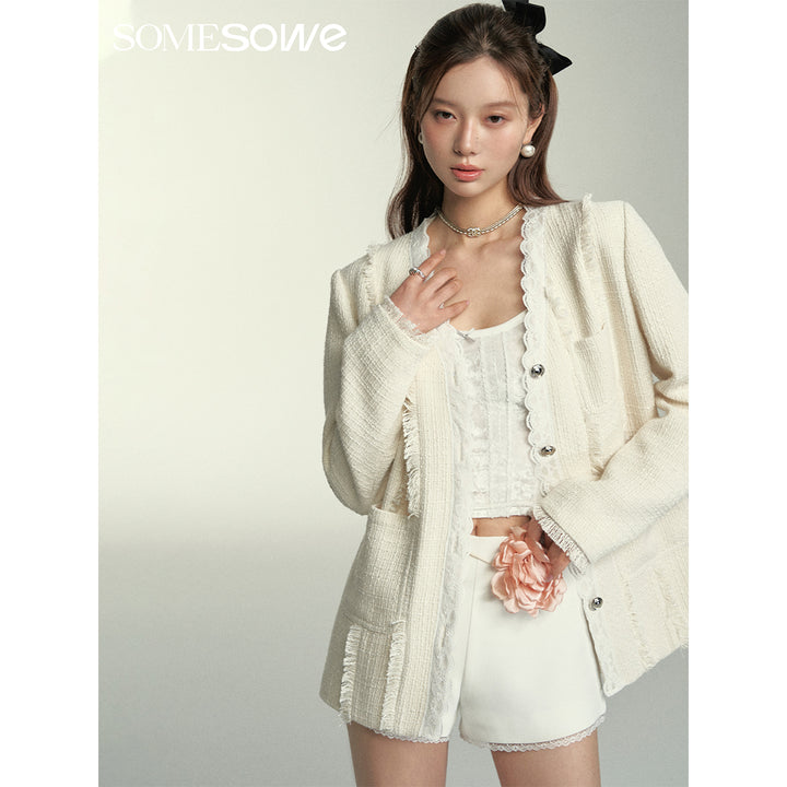 SomeSowe Lace Edge V-Neck Tassel Blazer White