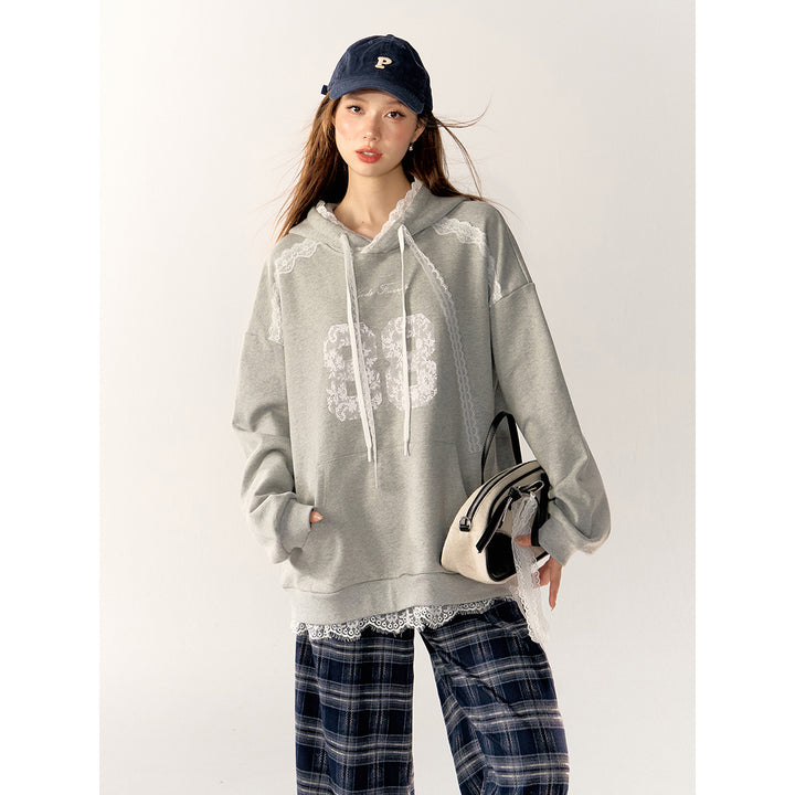 AsGony Lace Edge Drawstring Hoodie Gray