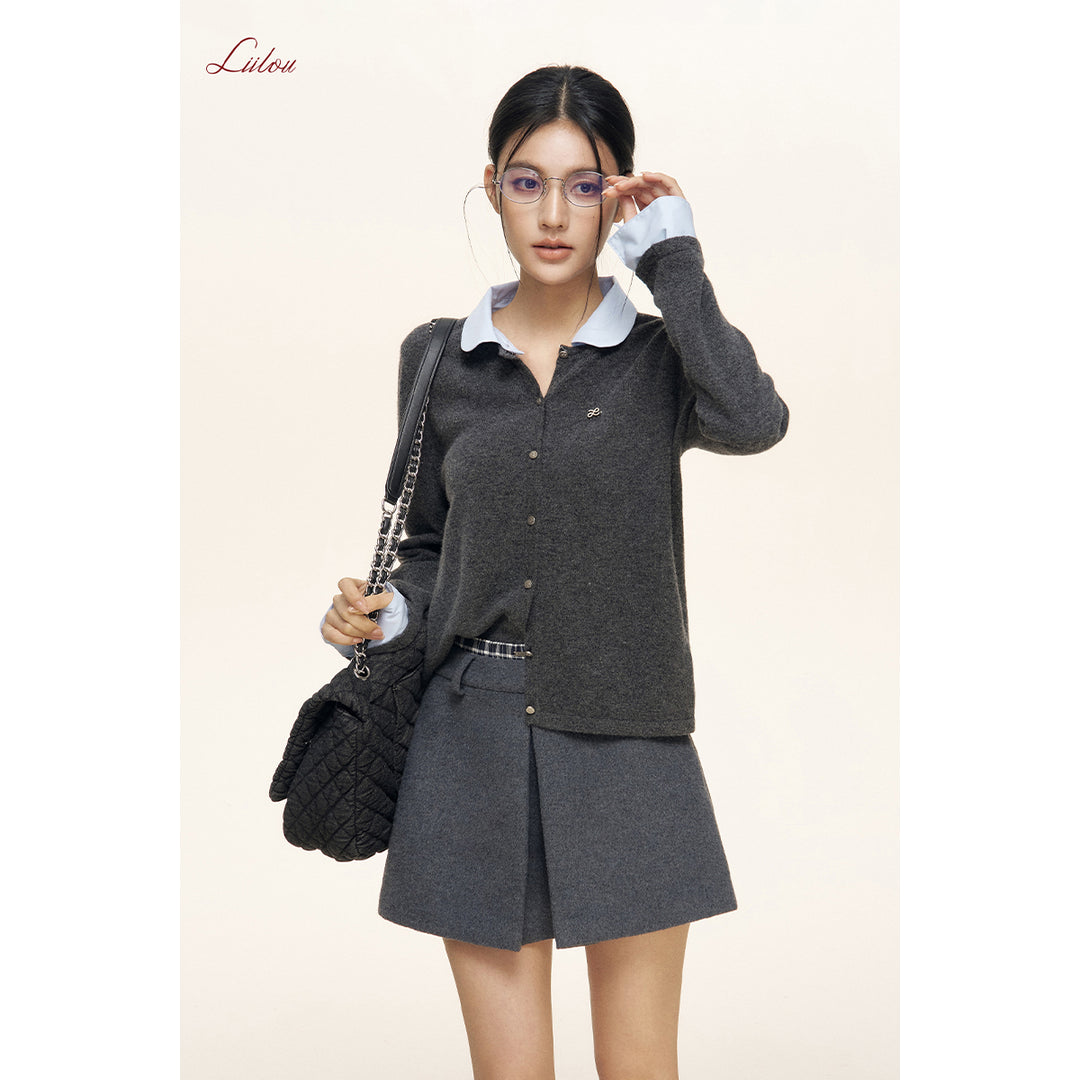 Liilou Plaid Patchwork Double Waist Woolen Tweed Skirt Gray