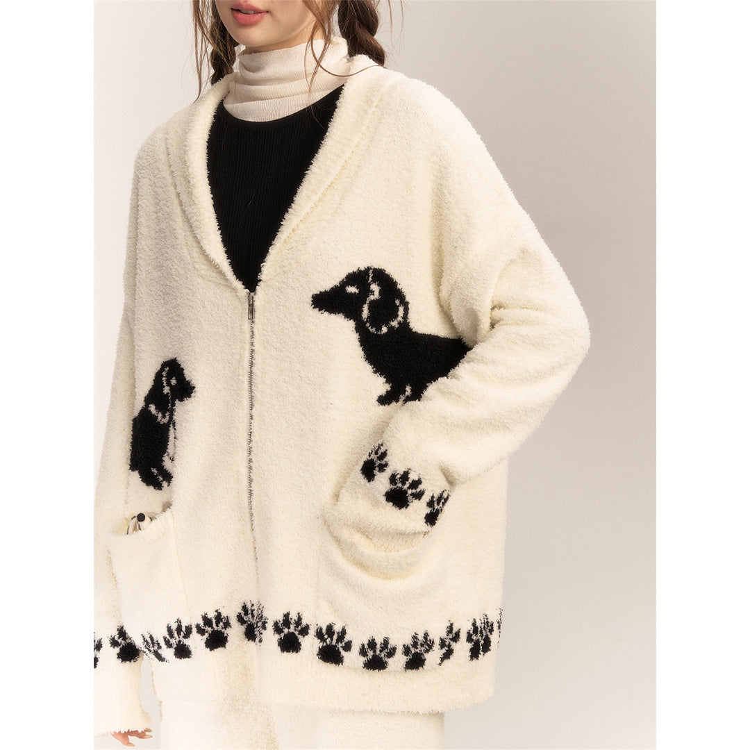 AsGony Towel Fleece Soft Puppy Jacquard Lapel Cardigan