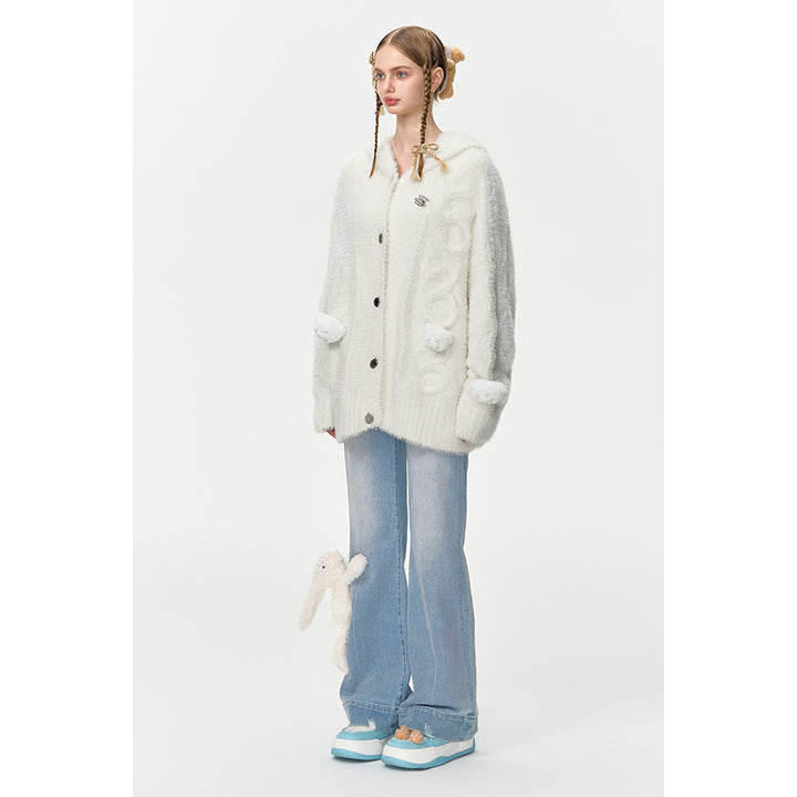 13De Marzo Bear Jacquard Knit Furry Hooded Cardigan White