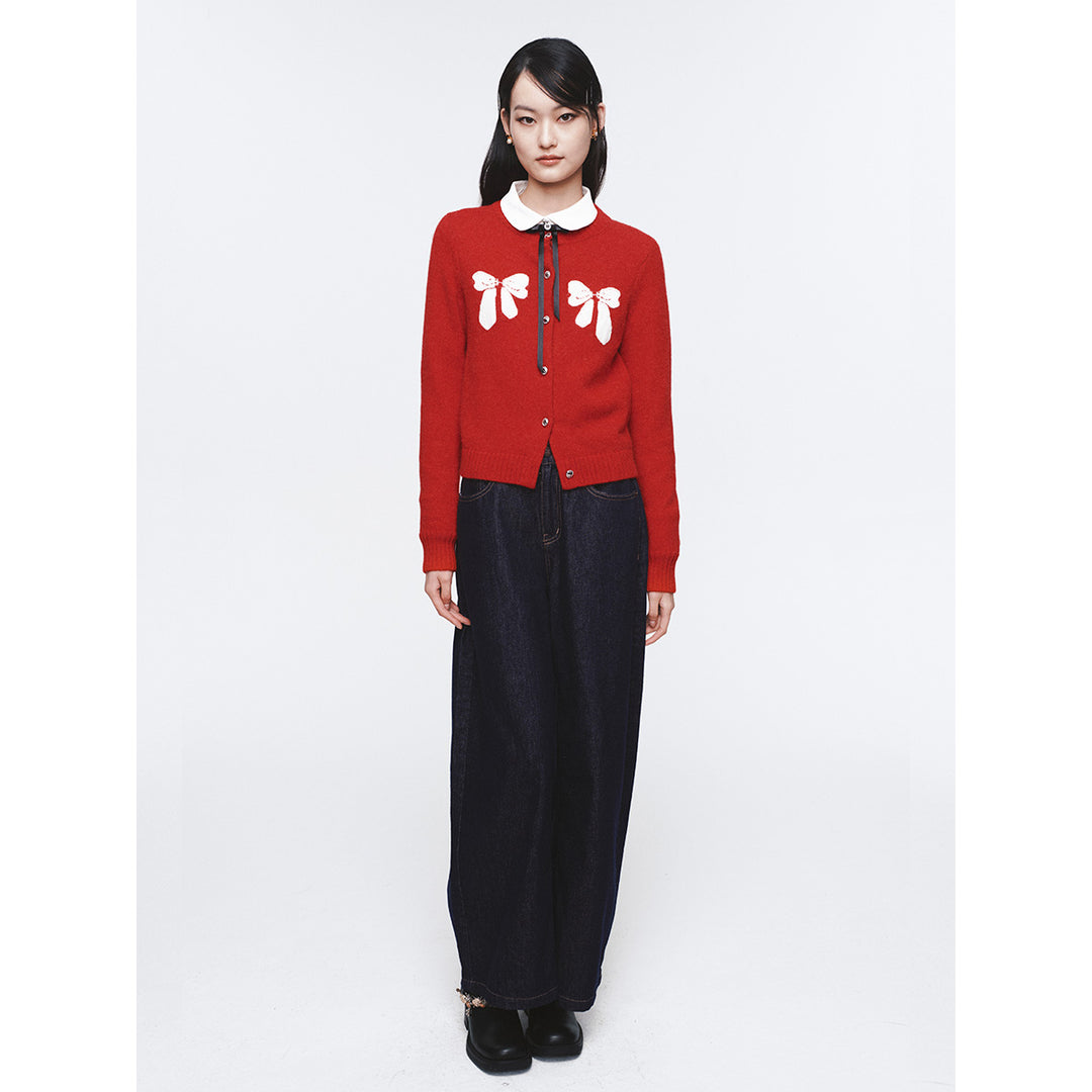 Herlian Contrast Color Bow Knitted Cardigan Red