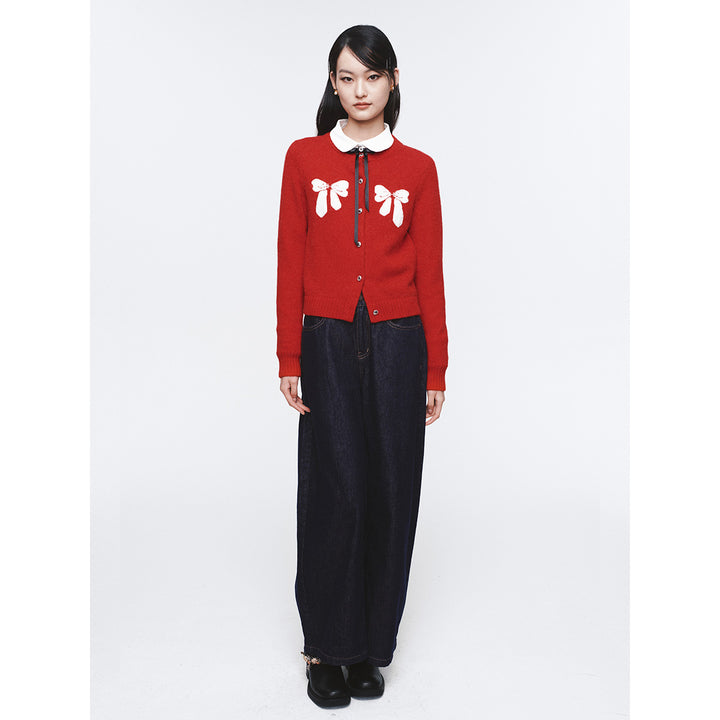 Herlian Contrast Color Bow Knitted Cardigan Red