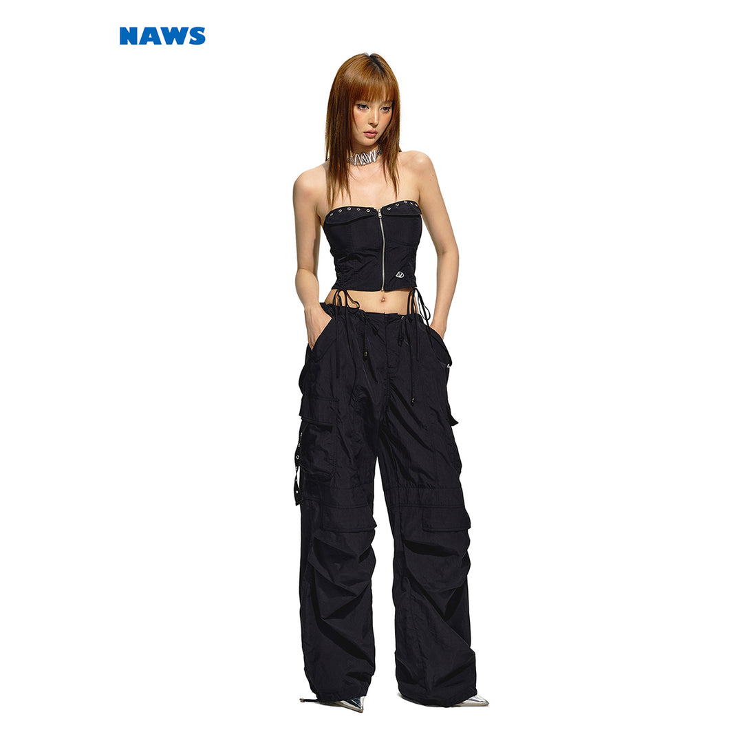 NAWS Drawstring Pocket Straight-Leg Cargo Pants Black