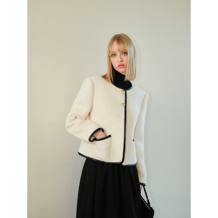 Three Quarters Color Blocked Woolen Structural Jacket White - Mores Studio
