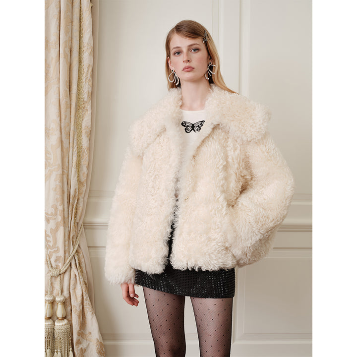 Rocha Roma Big Lapel Woolen Fur Jacket Beige