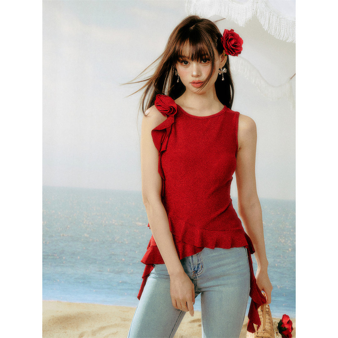 AsGony Flower Ribbon Irregular Ruffled Vest Red