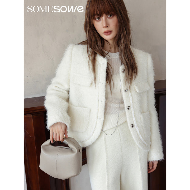 SomeSowe Loop Plush Tassel Woolen Jacket White - Mores Studio