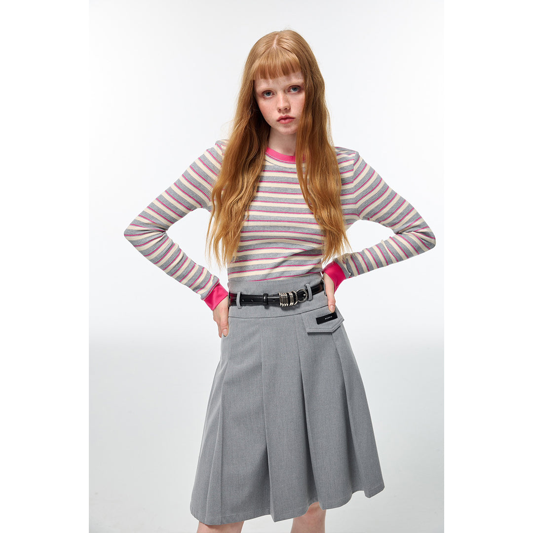 Alexia Sandra Striped Round Neck L/S Knit Top Grey/Pink - Mores Studio
