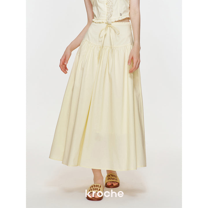 Kroche Bow Wrinkle Lace Edge Long Skirt Yellow