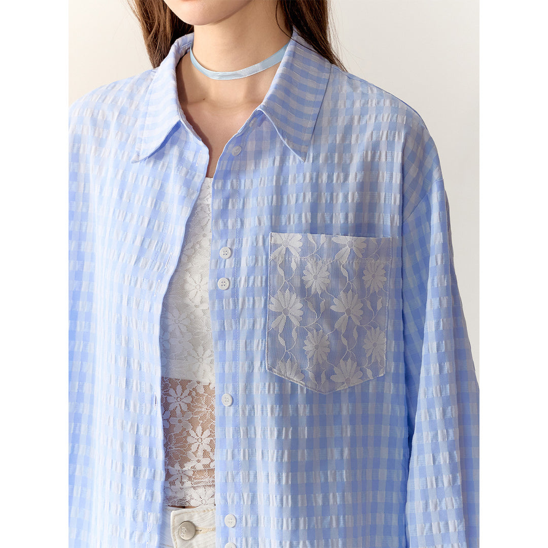 AsGony Lace Patchwork Embroidery Plaid Shirt Blue