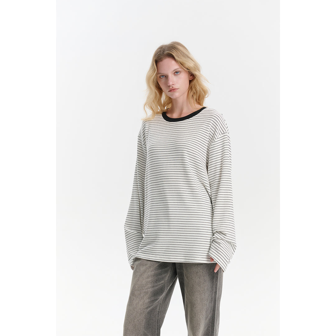 Three Quarters Hotfix Logo Striped Mousse Cashmere L/S Tee White