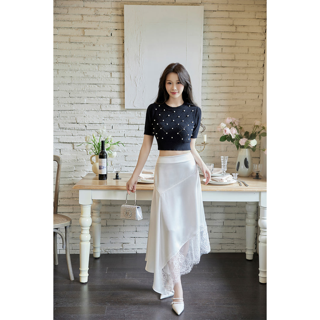Three Quarters Lace Patchwork Irregular Long Skirt White