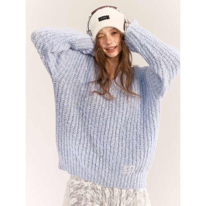 AsGony Blended Woolen V-Neck Knit Sweater Blue