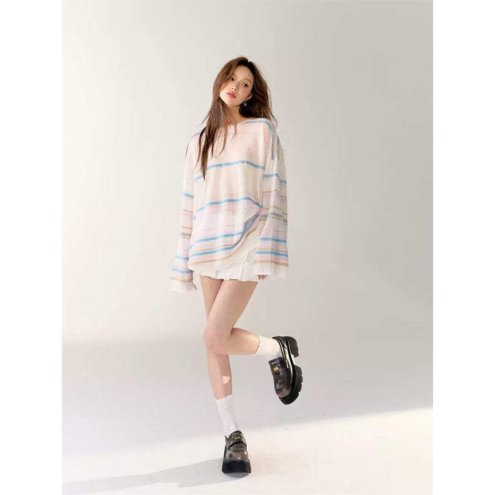 AsGony 3D Colorful Striped Casual L/S T-Shirt