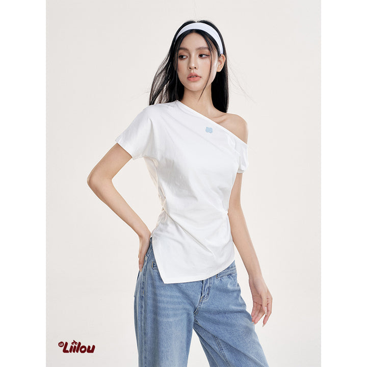 Liilou Diagonal Off-Shoulder Irregular Top White