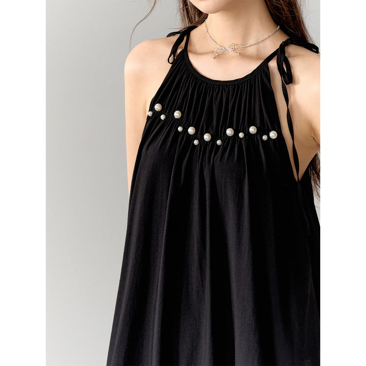 AsGony Pearl Bud Slip Puffy Dress Black