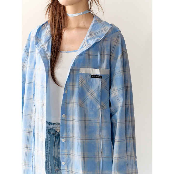 AsGony Plaid Patchwork Hooded Casual Shirt Blue