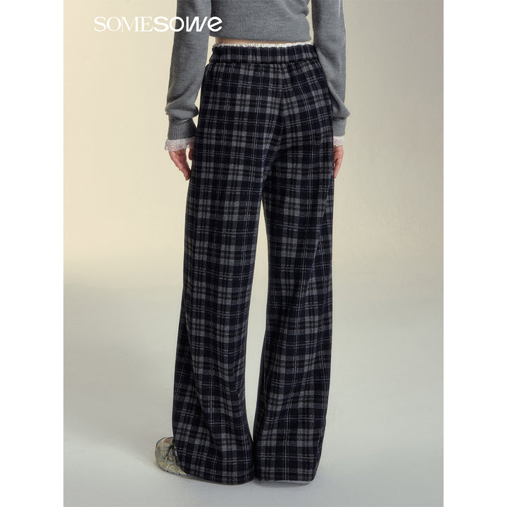 SomeSowe Lace Edge Plaid Casual Pants Black