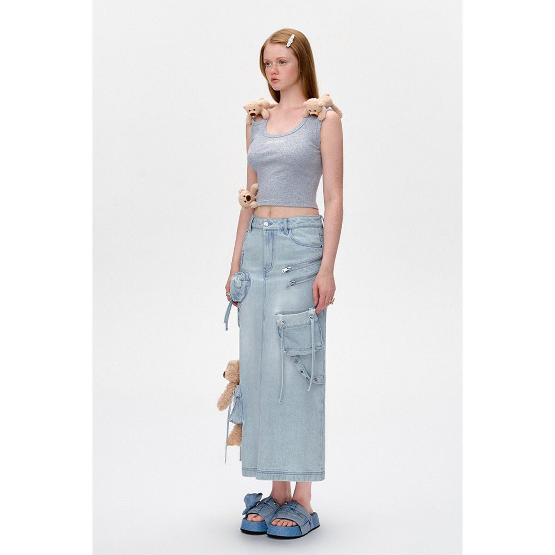 13De Marzo Bear Zipper Denim Cargo Long Skirt Light Blue