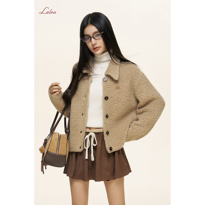 Liilou Loop Woolen Lapel Fleece Cardigan Khaki