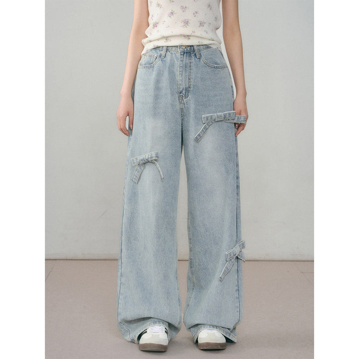 AsGony Retro Washed Distressed Loose Jeans Light Blue