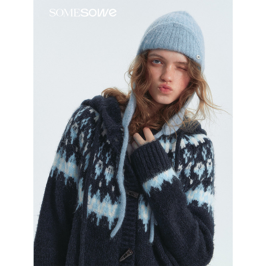 SomeSowe Fair Isle Hooded Knit Cardigan Navy Blue