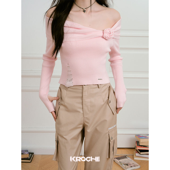 Kroche 3D Rose Off-Shoulder Knitted Top Pink - Mores Studio