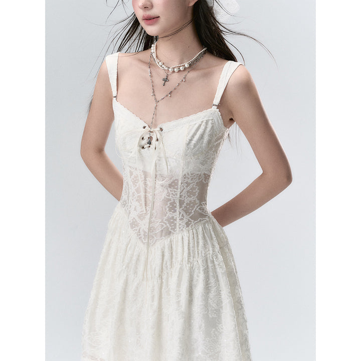 Via Pitti Lace Patchwork Drawstring Mini Dress White