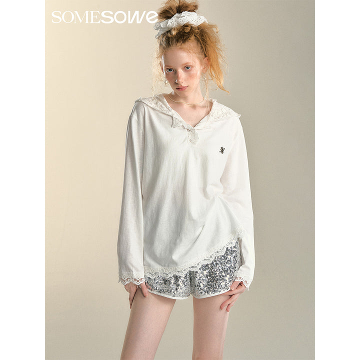 SomeSowe Lace Hooded Collar Cool Long Sleeve Top