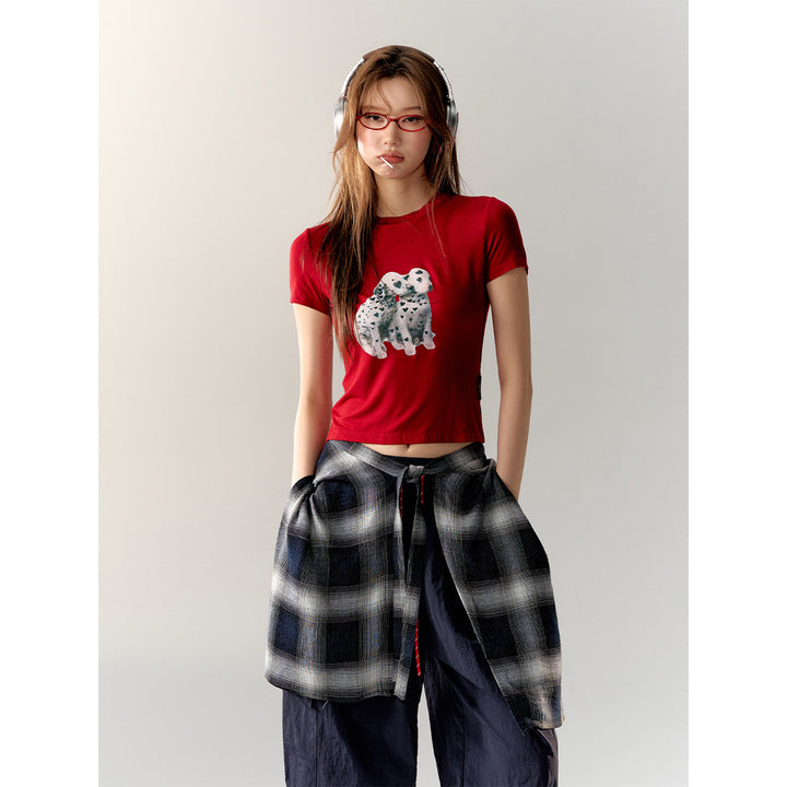 AsGony Printed Spotted Puppy Slim T-Shirt Red