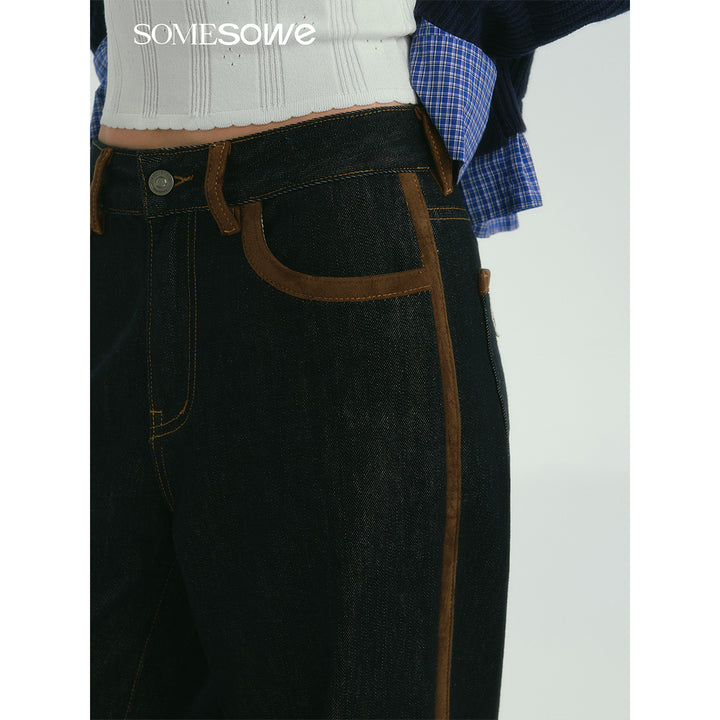 SomeSowe Suede Patchwork Wide-Leg Jeans Dark Blue