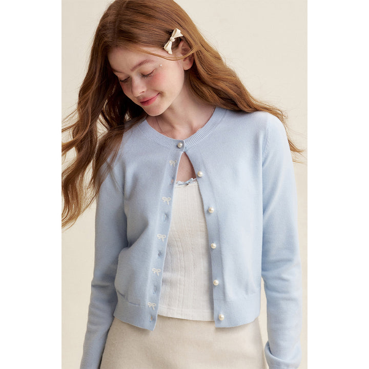 Kroche ﻿Bow Embroidery Pearl Button Knit Cardigan Blue