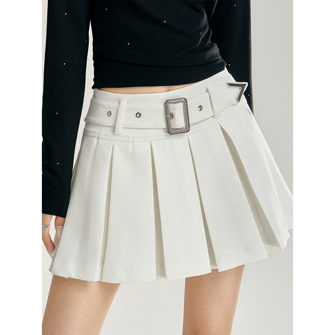 MacyMccoy High-Waist Belt A-Line Pleated Skirt White