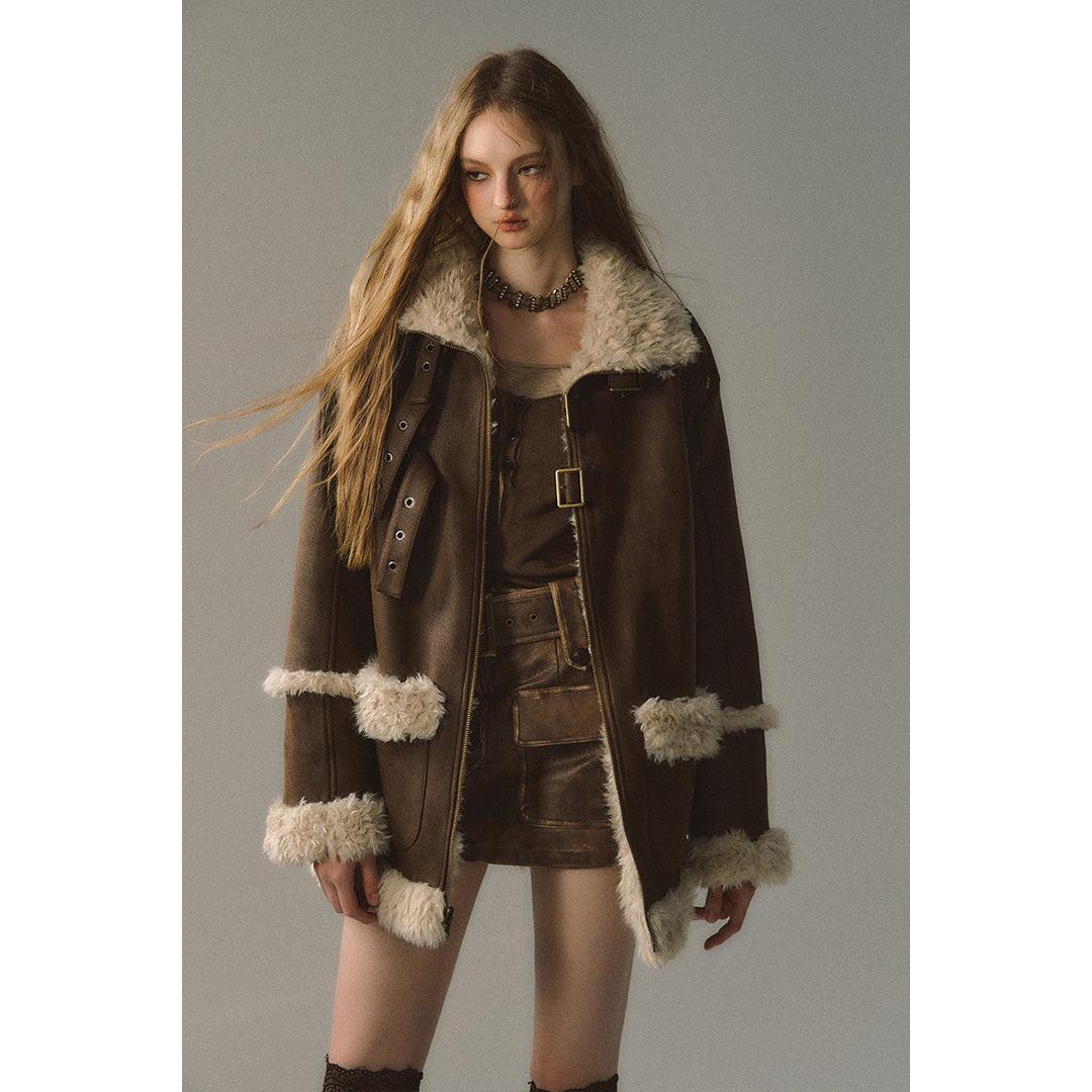 Via Pitti Fluffy Patchwork Reversible Suede Jacket Brown - Mores Studio