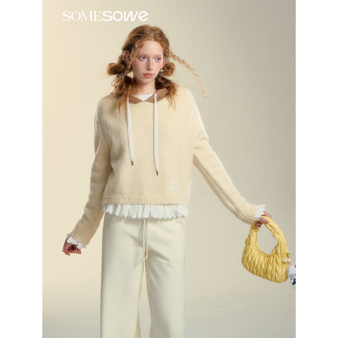 SomeSowe Hollow Out Hooded Knit Sweater Beige