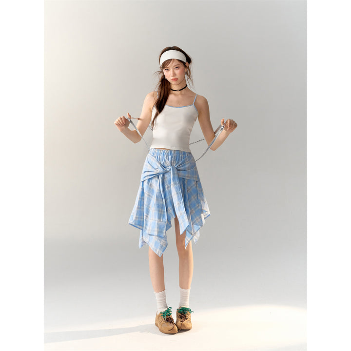 AsGony Irregular Bow Tie Plaid Skirt Blue