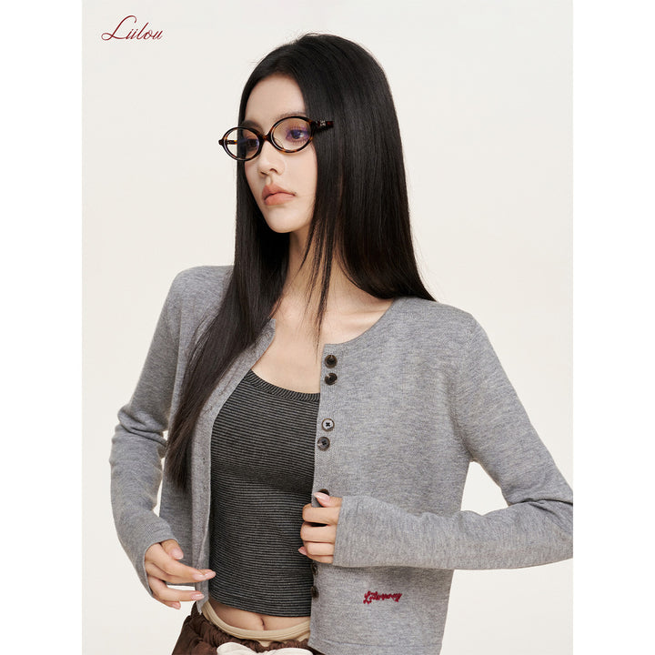 Liilou Chain Embroidery Woolen Knit Cardigan Gray