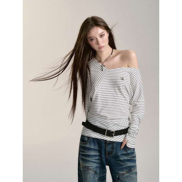 Via Pitti Irregular Striped Off-Shoulder Slim Top White