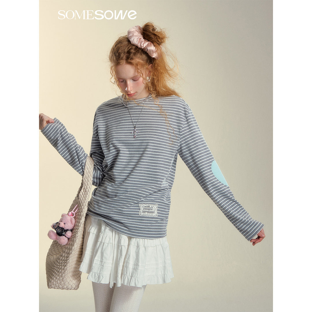 SomeSowe Striped Heart Long Sleeve Top Gray