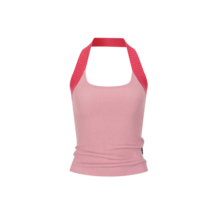 Via Pitti Color Blocked Halter Knit Slim Vest Pink