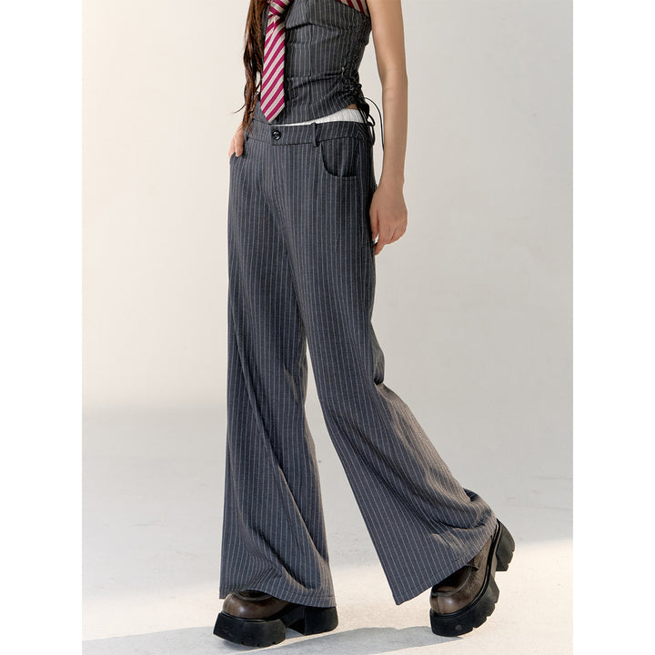 AsGony Double Waist Patchwork Striped Suit Pants