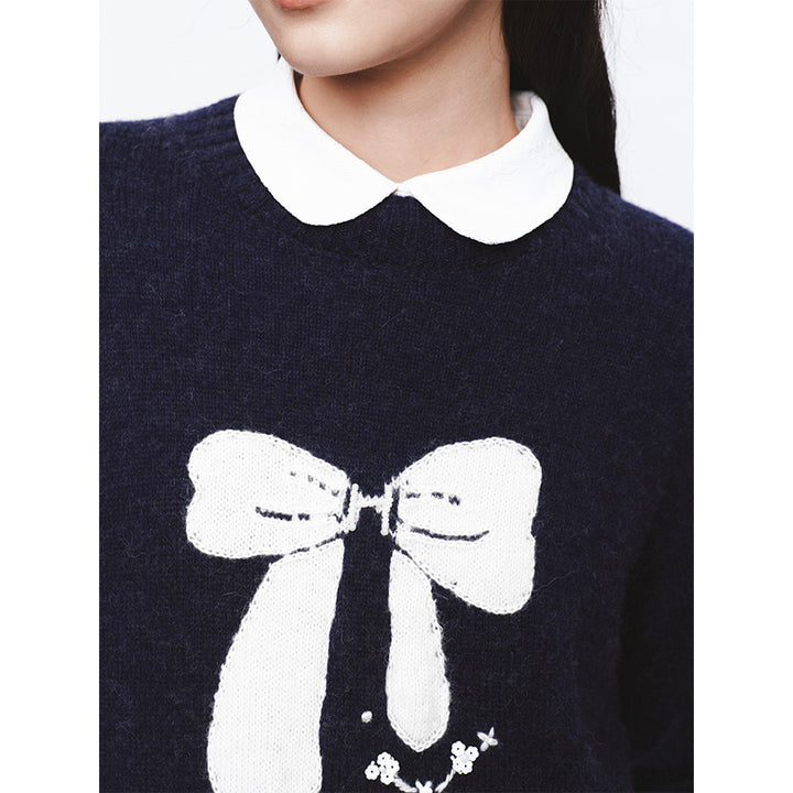 Herlian Contrast Color Bow Knitted Sweater Navy Blue