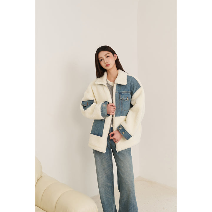 Three Quarters Denim Patchwork Wool Coat Blue