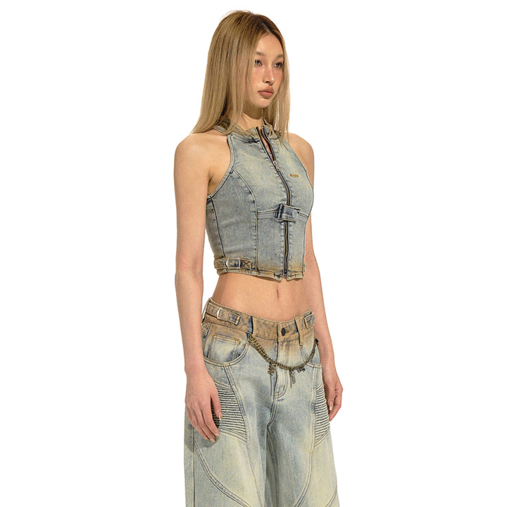 NAWS Distressed Sleeveless Halter Denim Vest