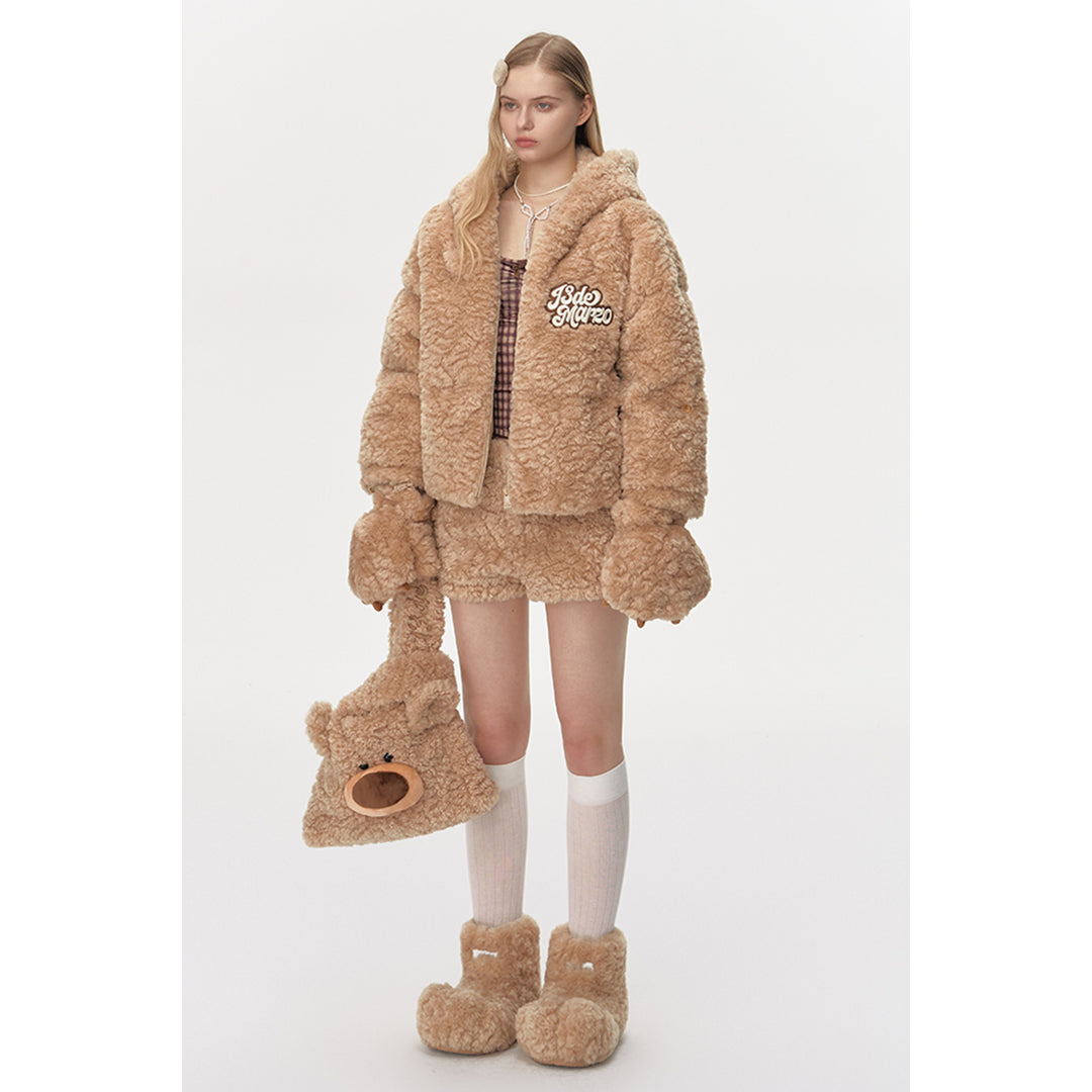 13De Marzo Plush Bear Detachable Fuzzy Down Jacket Khaki