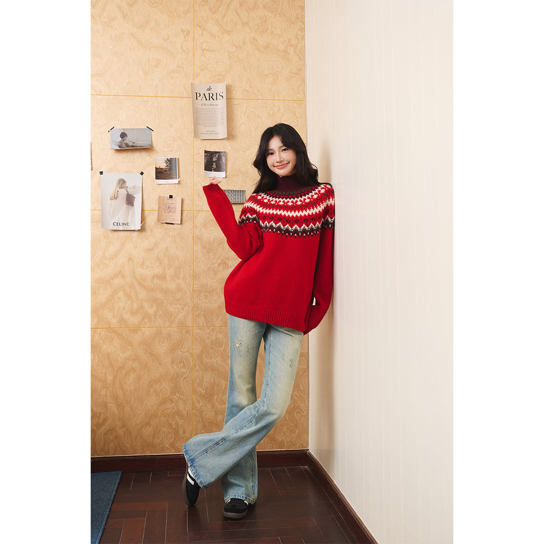 Three Quarters Fair Isle Jacquard Color Contrast High Collar Sweater Red