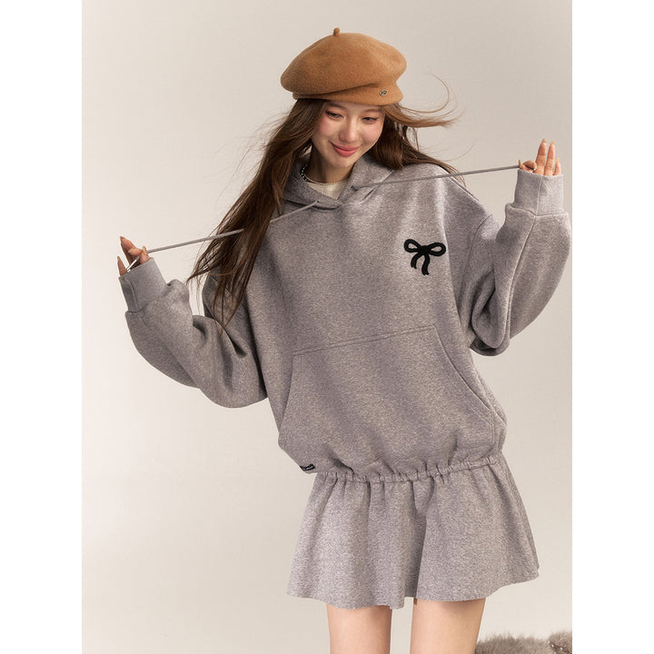 AsGony Bow Tie Hooded Waisting Sweat Dress Gray