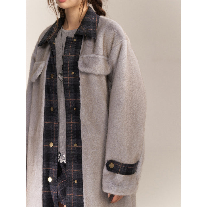 AsGony Plaid Patchwork Faux Fur Fuzzy Long Coat Gray